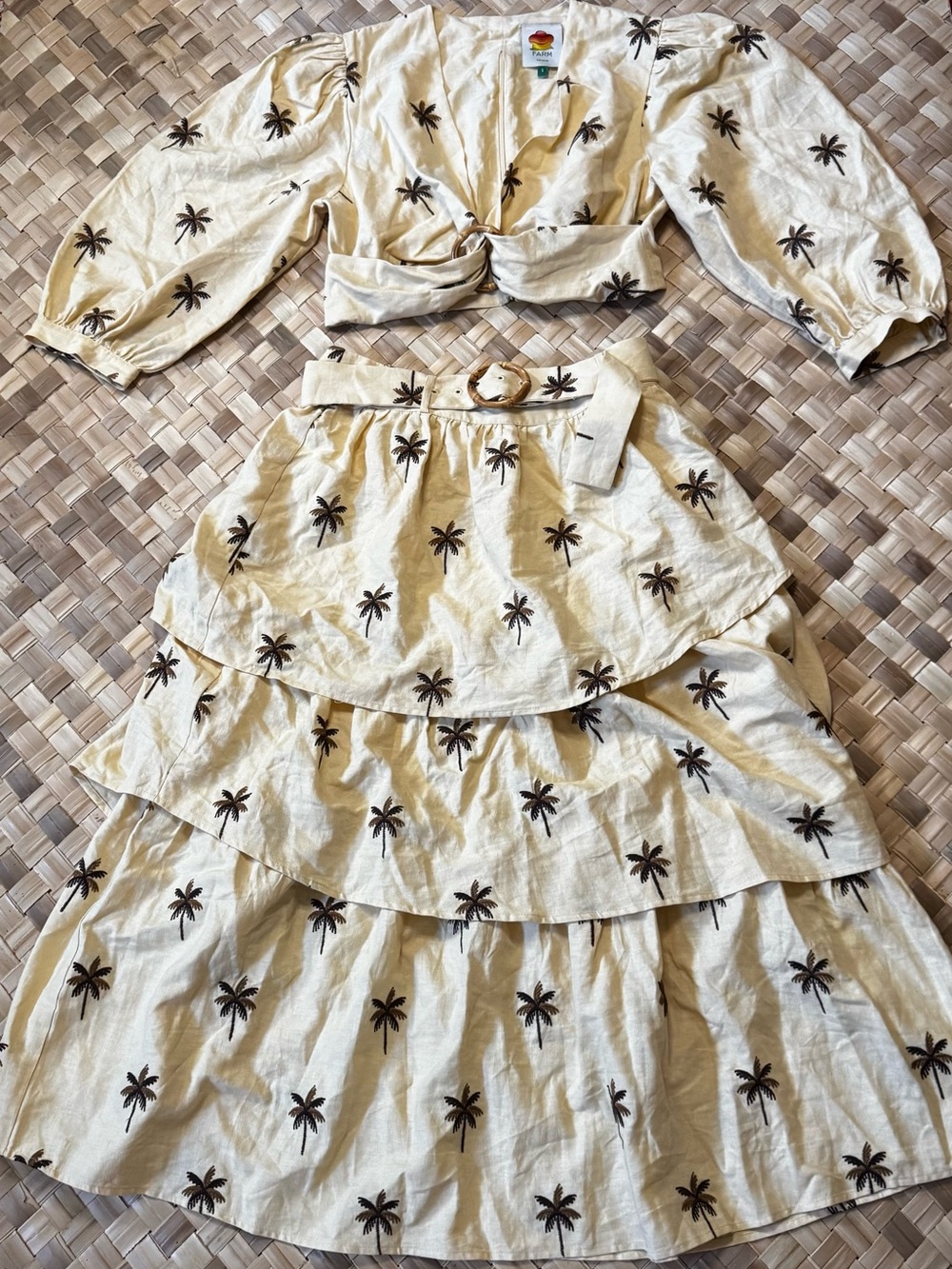 FARM Rio Cream Palm Tree Tie-Front Crop Top & Tiered Skirt Set